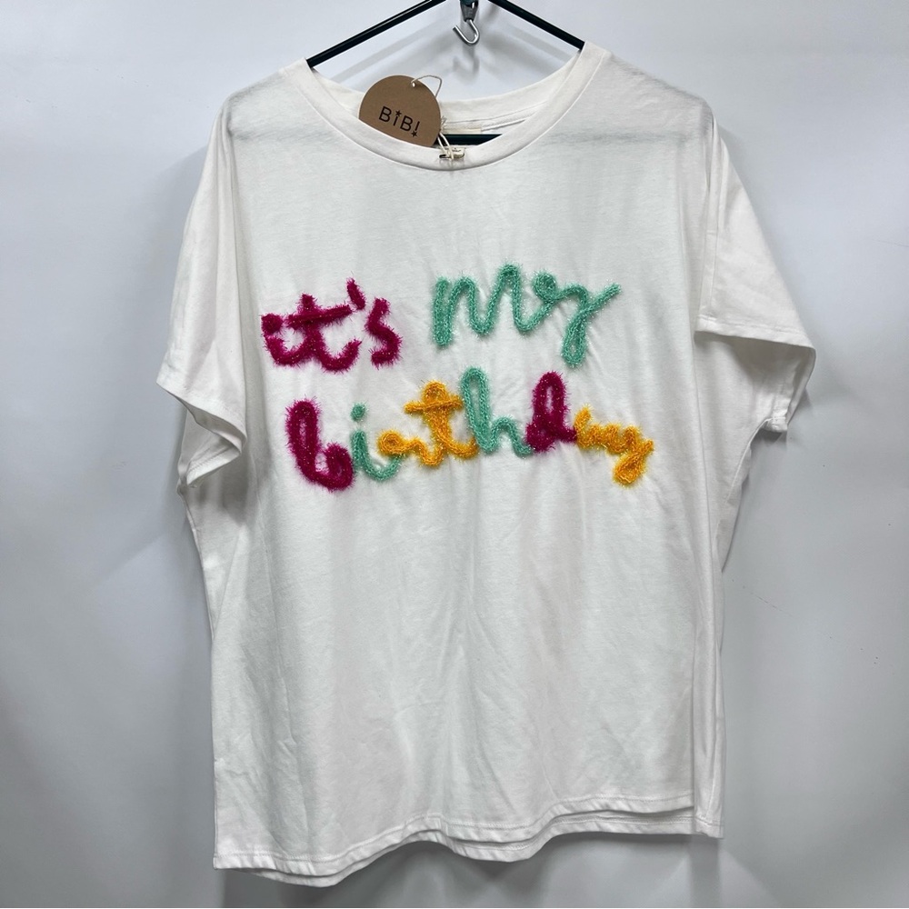 BiBi women’s L White 'It's My Birthday' Tee FLAWED t-shirt